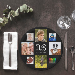 16th birthday party photo collage boy black paper plates