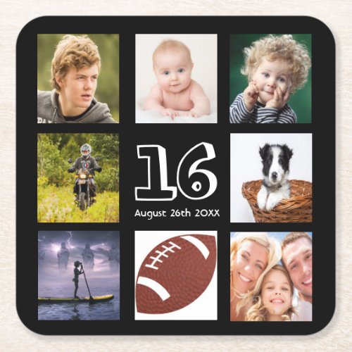 16th birthday party photo collage boy black square paper coaster