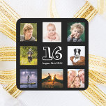 16th birthday party photo collage boy black square sticker<br><div class="desc">A sticker for a 16th birthday party for a boy,  celebrating his life with a collage of 8 of your photos.  Templates for the age 16 and a date.  Date of birth or the date of the party.  Black colored letters.  Black background.</div>