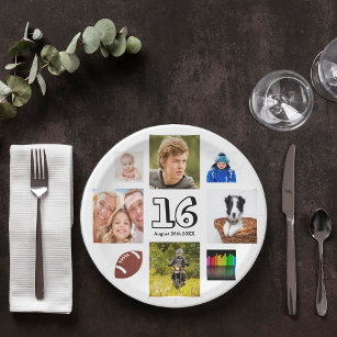 16th birthday party photo collage boy white paper plates