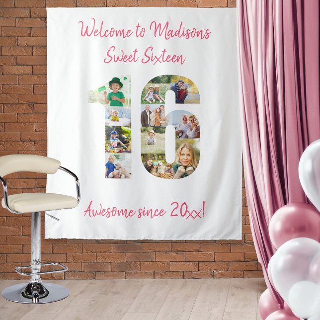 16th Birthday Party Photo Collage Pink Backdrop (Creator Uploaded)