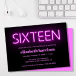 16th Birthday Party Pink Neon Lights Invitation<br><div class="desc">Cool modern 16th birthday party invitation with "sixteen" in hot pink glowing neon lights against a black background.</div>