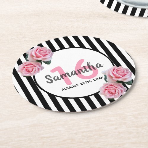 16th birthday party pink roses black white stripes round paper coaster