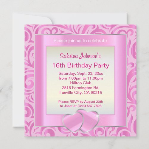 16th Birthday Party  Pink Silver  White Verder Invitation