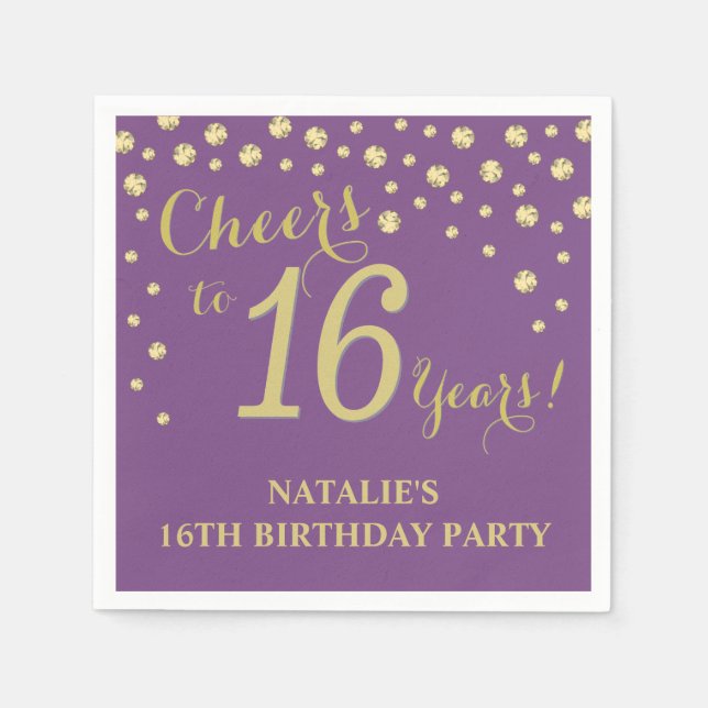 16th Birthday Party Purple and Gold Diamond Napkins (Front)