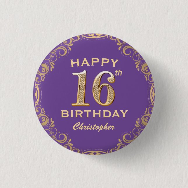 16th Birthday Party Purple and Gold Glitter Frame Button (Front)