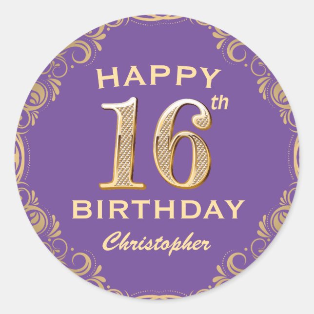 16th Birthday Party Purple and Gold Glitter Frame Classic Round Sticker (Front)