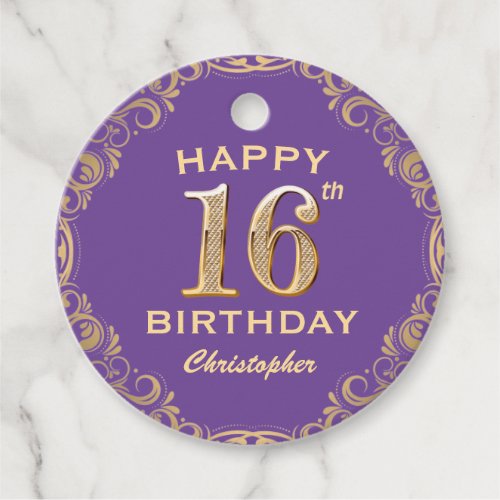 16th Birthday Party Purple and Gold Glitter Frame Favor Tags