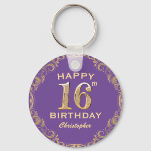 16th Birthday Party Purple and Gold Glitter Frame Keychain