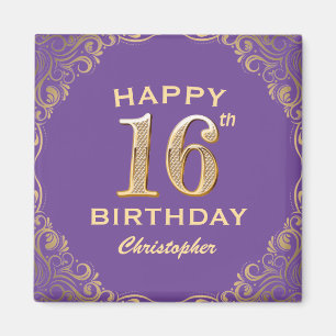 16th Birthday Party Purple and Gold Glitter Frame Magnet
