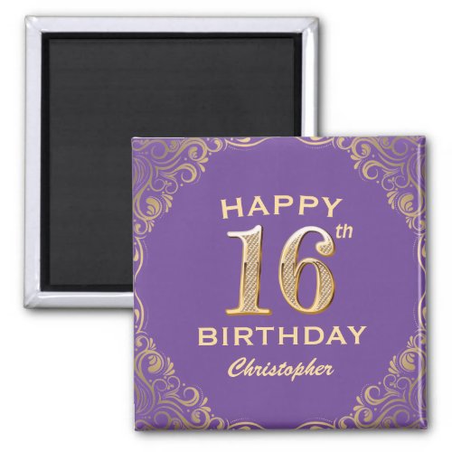 16th Birthday Party Purple and Gold Glitter Frame Magnet