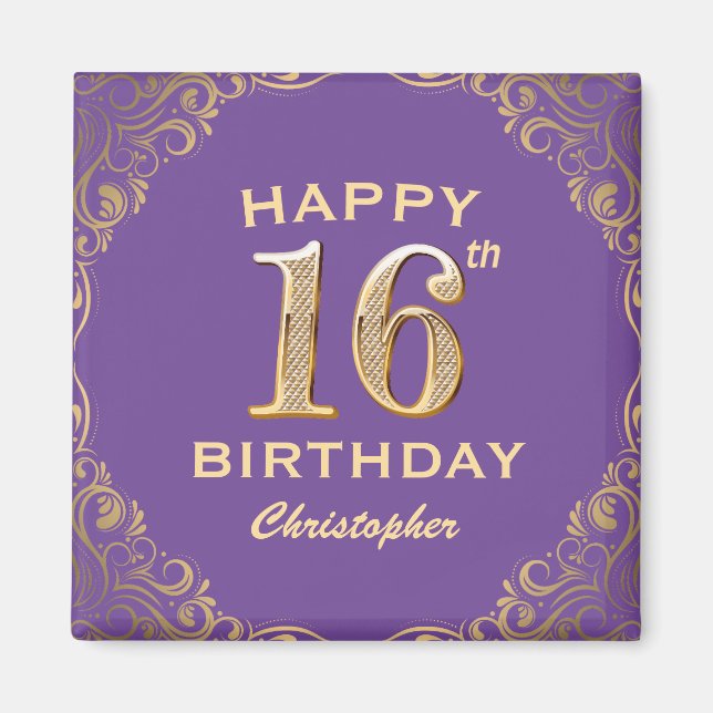 16th Birthday Party Purple and Gold Glitter Frame Magnet (Front)