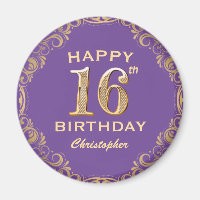 16th Birthday Party Purple and Gold Glitter Frame