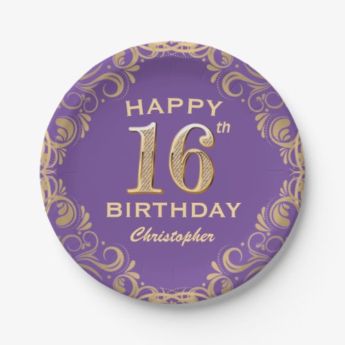 16th Birthday Party Purple and Gold Glitter Frame Paper Plates