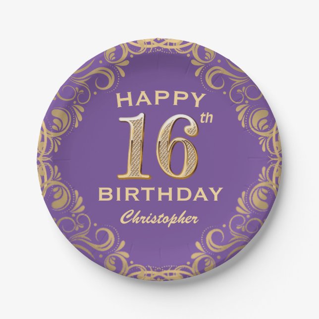 16th Birthday Party Purple and Gold Glitter Frame Paper Plates (Front)
