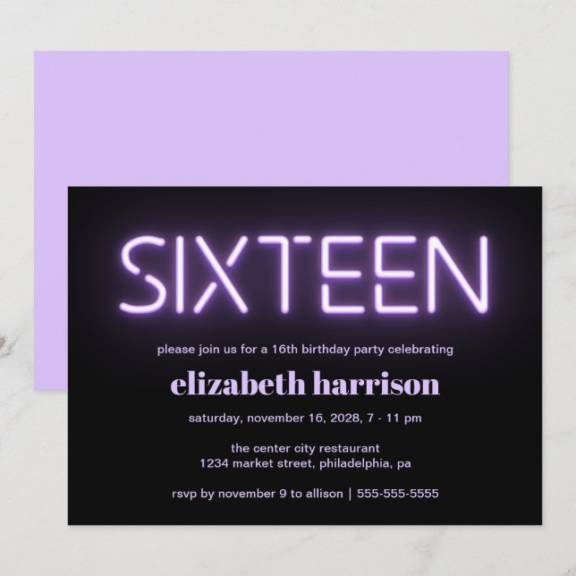 16th Birthday Party Purple Neon Lights Invitation (Front/Back)