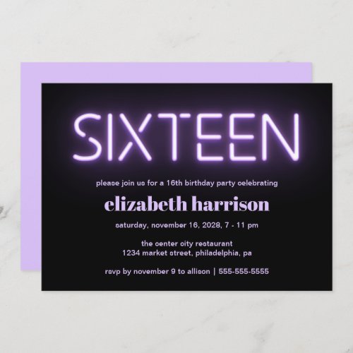 16th Birthday Party Purple Neon Lights Invitation