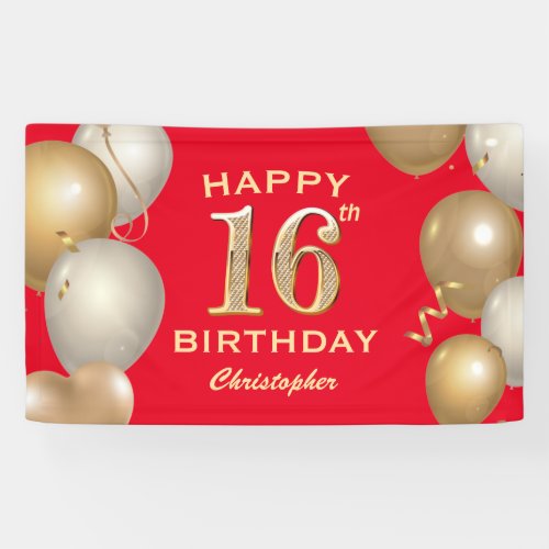 16th Birthday Party Red and Gold Balloons Banner