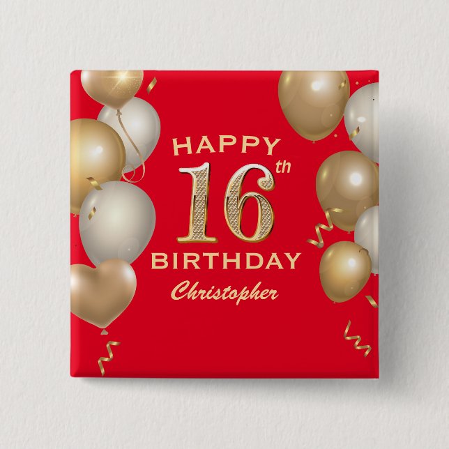 16th Birthday Party Red and Gold Balloons Button (Front)