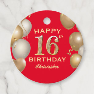 16th Birthday Party Red and Gold Balloons Favor Tags