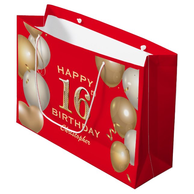 16th Birthday Party Red and Gold Balloons Large Gift Bag (Front Angled)