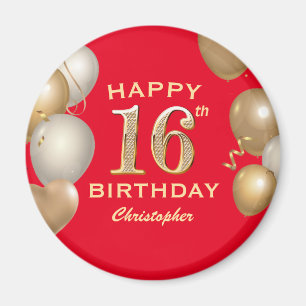 16th Birthday Party Red and Gold Balloons Magnet