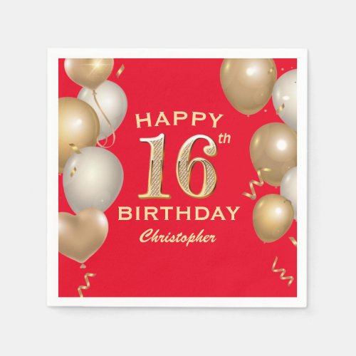 16th Birthday Party Red and Gold Balloons Napkins