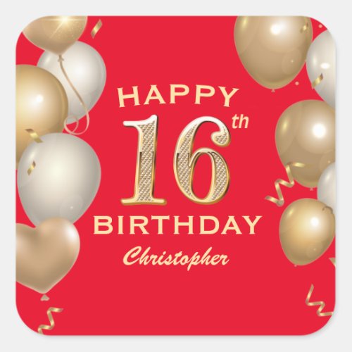 16th Birthday Party Red and Gold Balloons Square Sticker