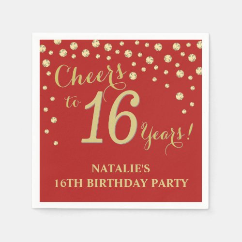 16th Birthday Party Red and Gold Diamond Napkins