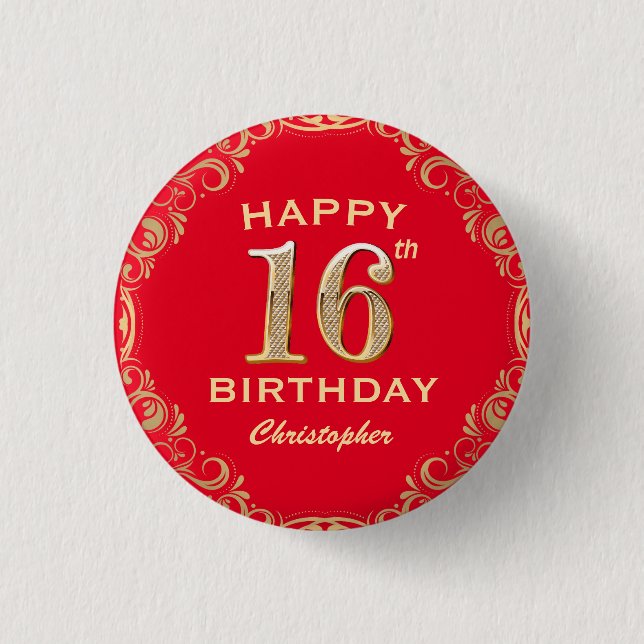 16th Birthday Party Red and Gold Glitter Frame Button (Front)