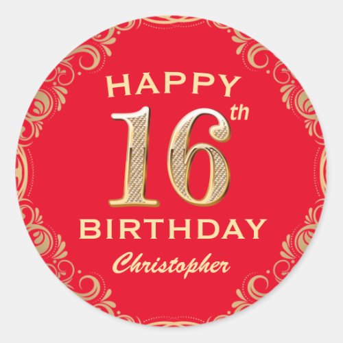 16th Birthday Party Red and Gold Glitter Frame Classic Round Sticker