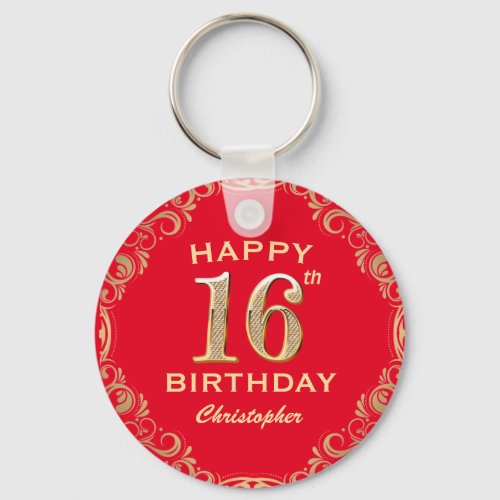 16th Birthday Party Red and Gold Glitter Frame Keychain