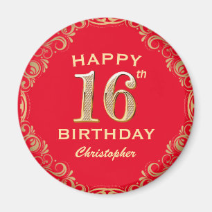 16th Birthday Party Red and Gold Glitter Frame Magnet