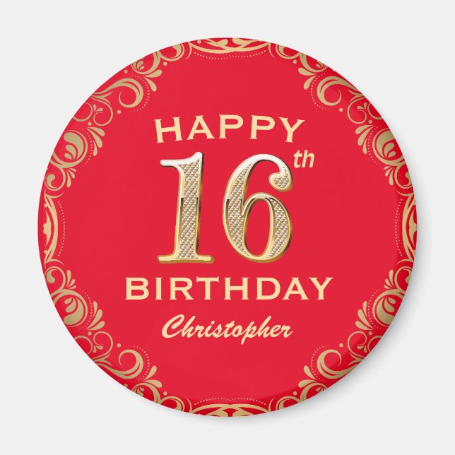 16th Birthday Party Red and Gold Glitter Frame Magnet (Front)