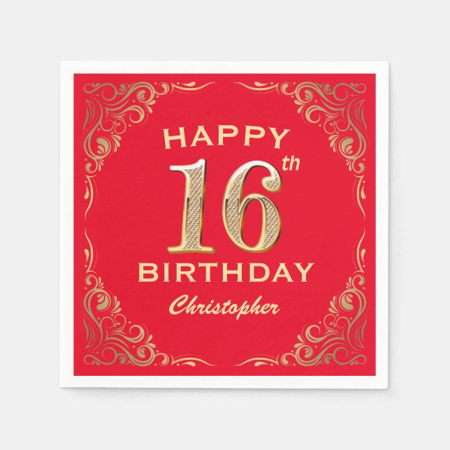 16th Birthday Party Red and Gold Glitter Frame Napkins (Front)