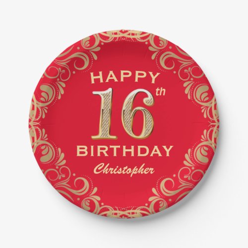 16th Birthday Party Red and Gold Glitter Frame Paper Plates