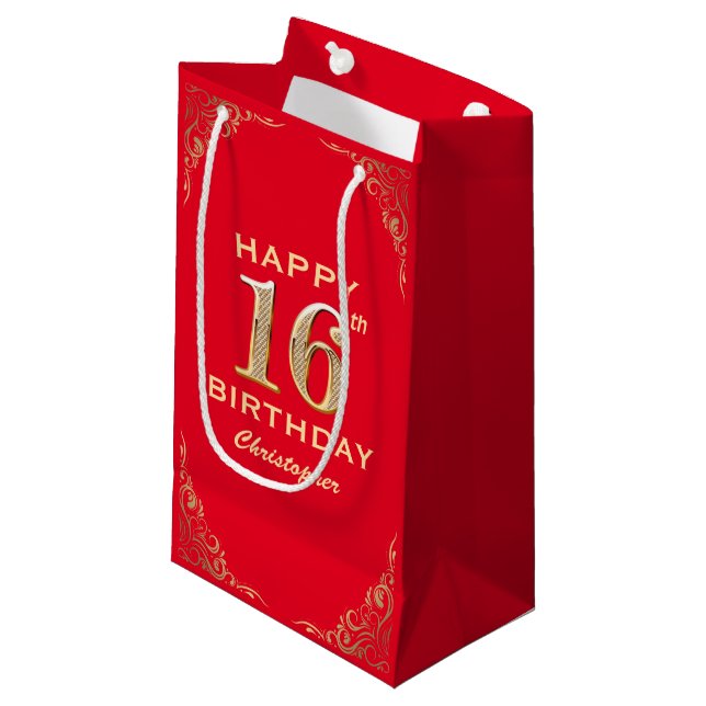 16th Birthday Party Red and Gold Glitter Frame Small Gift Bag (Front Angled)