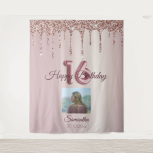 16th Birthday Party Rose Gold Balloon Glitter Tapestry