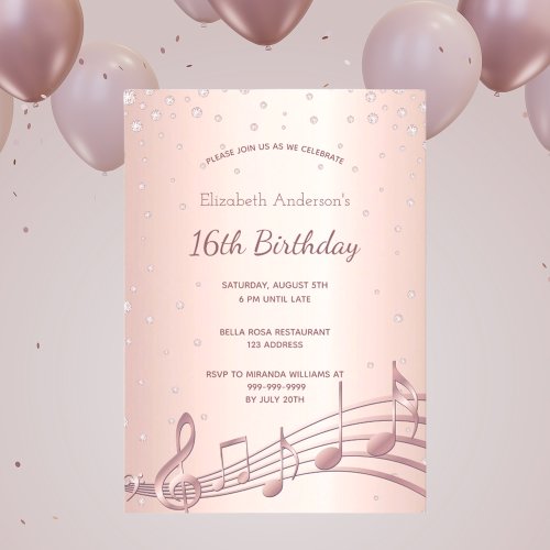 16th birthday party rose gold diamonds music invitation