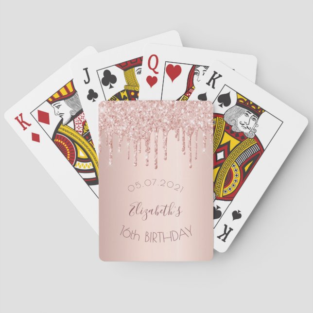 16th birthday party rose gold glitter drips glam poker cards (Back)