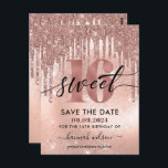 16th Birthday Party Rose Gold Save The Date  Postcard<br><div class="desc">Modern Sweet 16 birthday party save the date postcard. Design features rose gold faux glitter & foil background with sparkly glitter drops and typography script ''sweet 16''. Personalize with a date & name.</div>