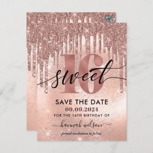 16th Birthday Party Rose Gold Save The Date  Postcard