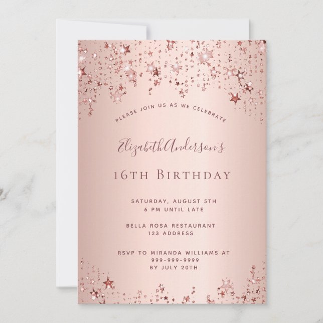 16th birthday party rose gold stars sprinkle invitation (Front)