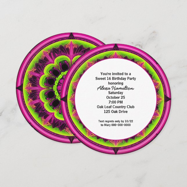 16th Birthday Party Round Neon Kaleidoscope  Invitation (Front/Back)