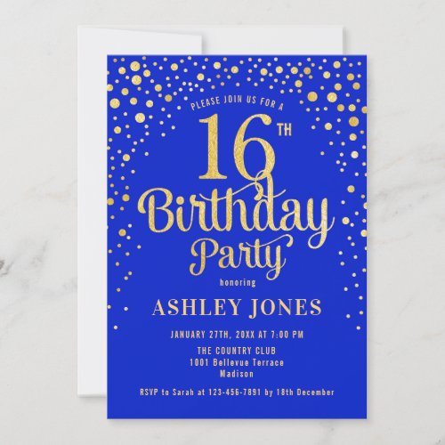 16th Birthday Party _ Royal Blue  Gold Invitation