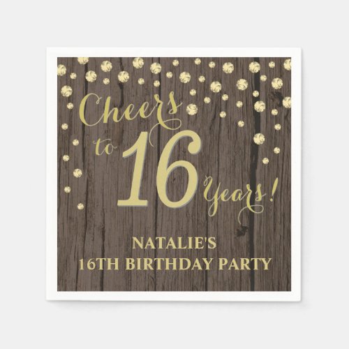 16th Birthday Party Rustic Wood and Gold Diamond N Napkins