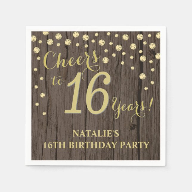 16th Birthday Party Rustic Wood and Gold Diamond N Napkins (Front)