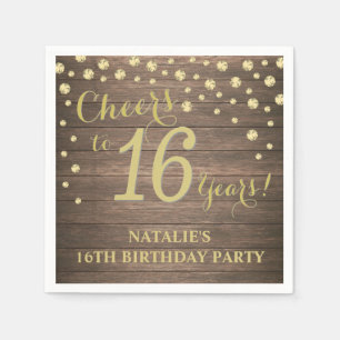 16th Birthday Party Rustic Wood and Gold Diamond Napkins