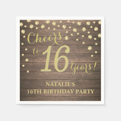 16th Birthday Party Rustic Wood and Gold Diamond Napkins