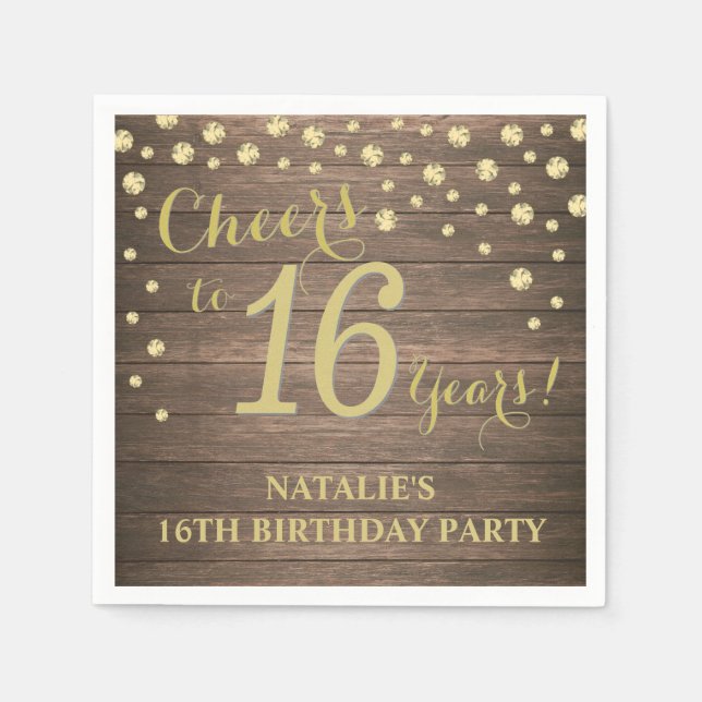 16th Birthday Party Rustic Wood and Gold Diamond Napkins (Front)